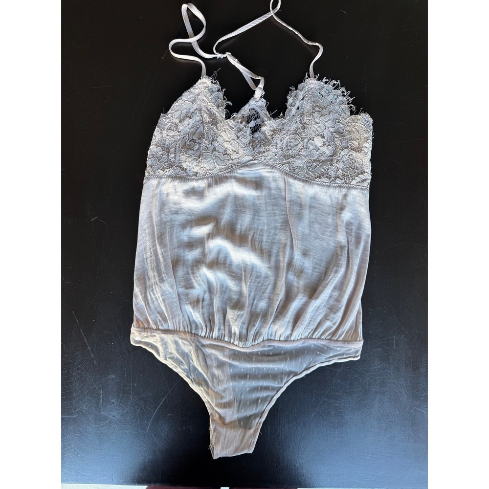 Intimately Free People Lace Swiss Dot Mesh Thong Bodysuit Champagne Mauve Small